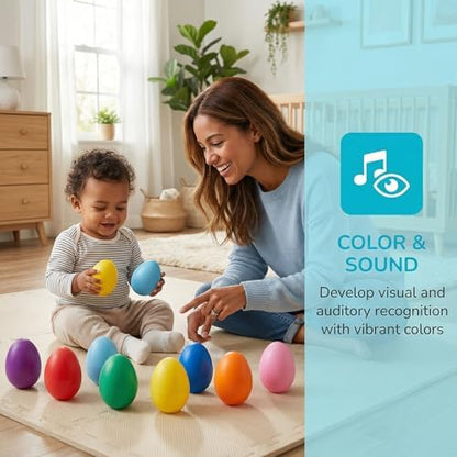 Menzcci 8 piece percussion maracas set arranged neatly to showcase the individual purple red blue green yellow orange pink and light blue colors.