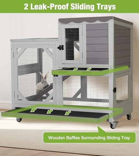 GUTINNEEN Duplex Rabbit Hutch Indoor with Chew-Proof Frame & 2 Leak-Proof Sliding Trays, Rain Cover, Wooden Guinea Pig Cages with Wheels - Grey - Image 3