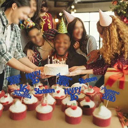 Pack of 30 blue 16th birthday party cake decorations