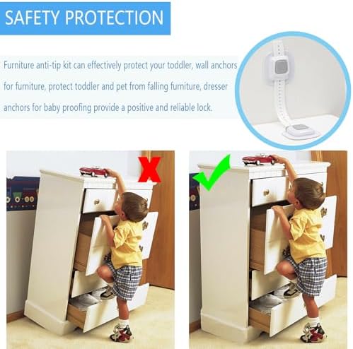 YEYA child safety straps installed behind a wooden chest of drawers securing it firmly against a painted wall.