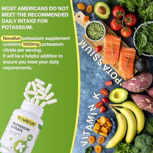 Novafun Potassium Citrate dietary supplement capsules placed next to the imported bottle packaging