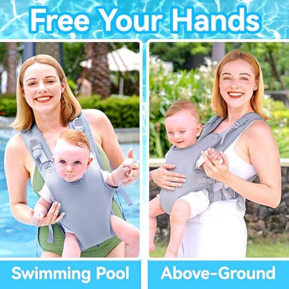 Parent wearing Yesybc baby carrier in swimming pool water