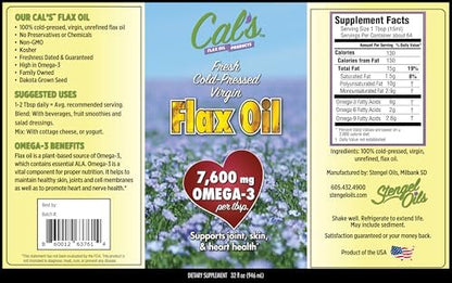 Cal's virgin unrefined flax oil bottle display emphasizing vegan friendly source of alpha linolenic acid