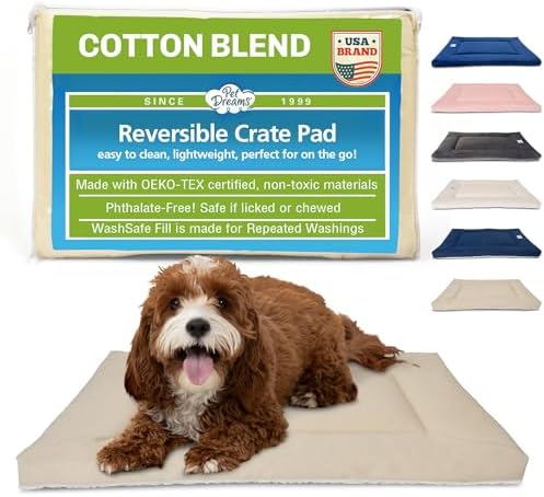 Pet Dreams washable kennel mat showing the fluffy sherpa side for winter.