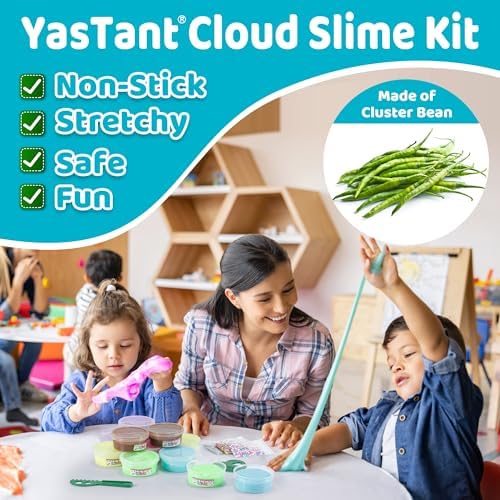 Children playing with non sticky pink and blue fluffy butter slime