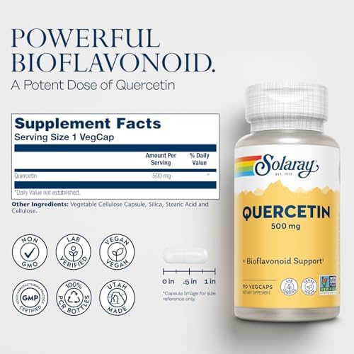 Solaray Quercetin 500mg dietary supplement nutrition facts and non-GMO vegan certified labels