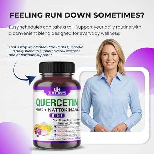 Ultra Herbs 8-in-1 ultra antioxidant complex packaging detailing ingredient list of quercetin and bromelain.