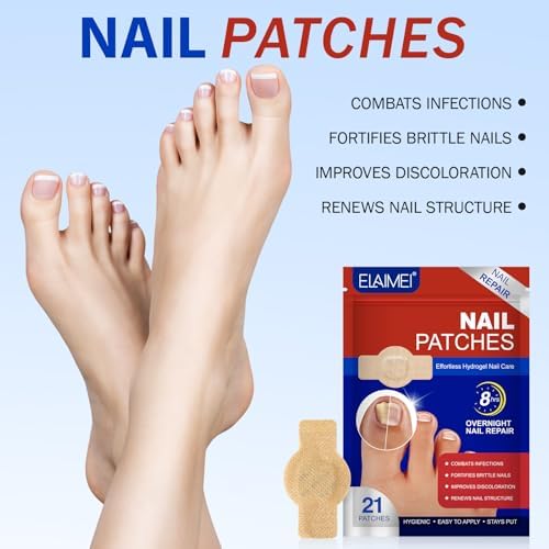 Overnight hydrogel nail patch being applied to a damaged toenail for repair.