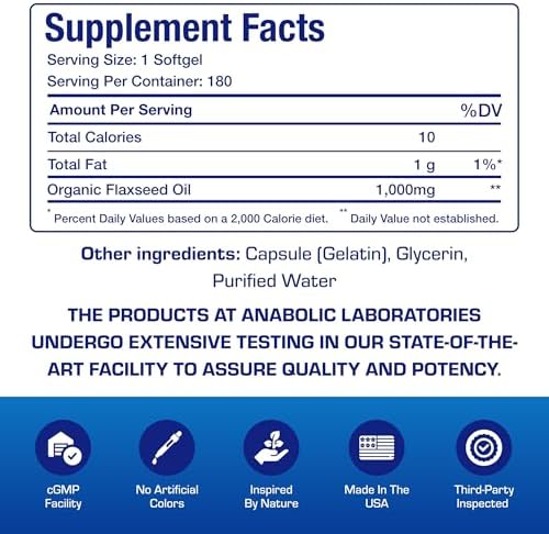 Anabolic Laboratories plant based omega 3 6 9 softgels supplement facts label side view