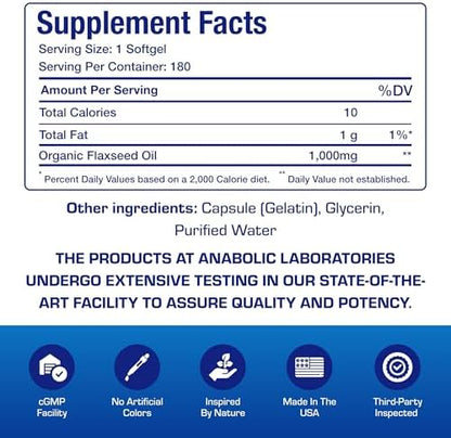 Anabolic Laboratories plant based omega 3 6 9 softgels supplement facts label side view