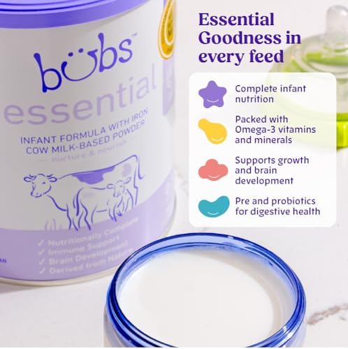 Aussie Bubs non GMO cow milk powder close up showing product label instructions