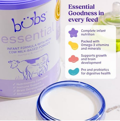 Aussie Bubs non GMO cow milk powder close up showing product label instructions