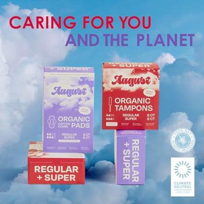 August menstrual tampons with long applicators for easy insertion and leak protection.