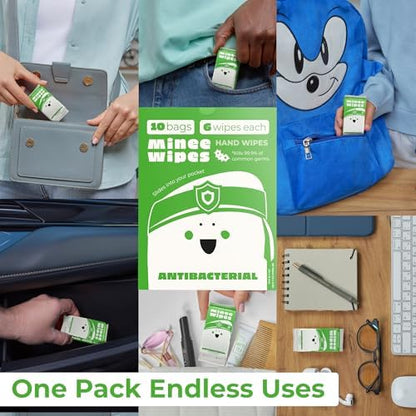 Impossibly Compact Travel Antibacterial Wipes Hand Sanitizer - 99.5% Water and Aloe - Safe for Sensitive Skin & Hypoallergenic Hand Wipes - Travel Essentials For Adults & Kids, 10 Pack Total 60 Wipe - Image 3