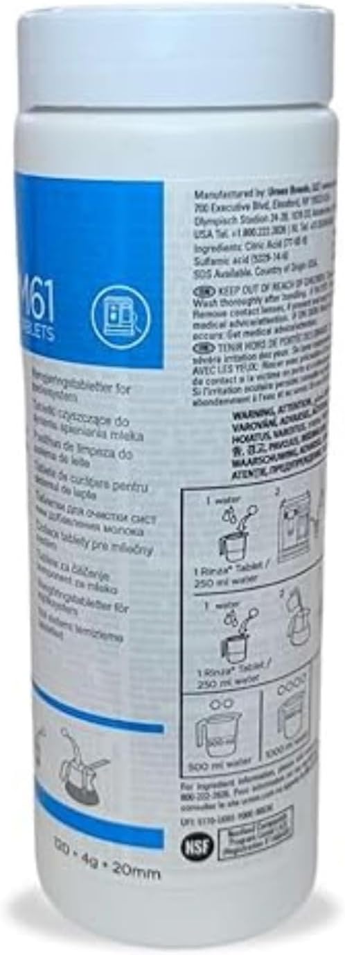 Urnex Rinza M61 milk frother cleaning tablets container close up showing premium packaging