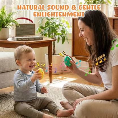 POPLAY non toxic wooden egg shakers showing close up details of different patterned styles