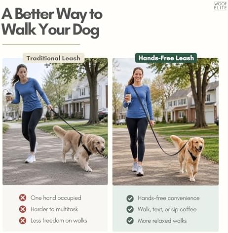 Hands free crossbody dog leash usage example
