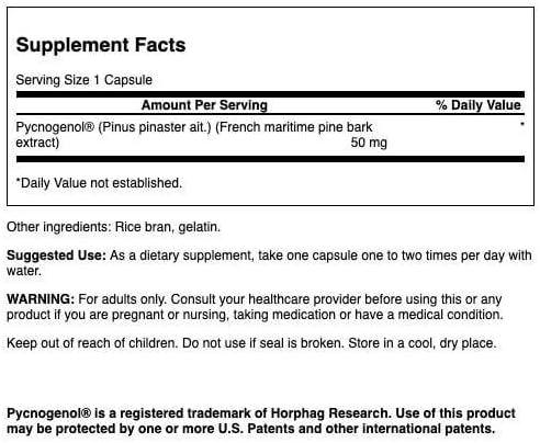 Authentic Swanson Pycnogenol supplement nutritional facts label showing French maritime pine bark extract ingredients