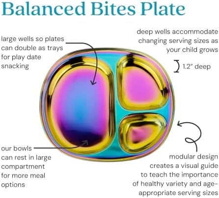 Side angle view of Ahimsa divided stainless steel toddler plate