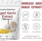 Louma 24-month aged garlic extract 7500 milligram supplement panel and facts label