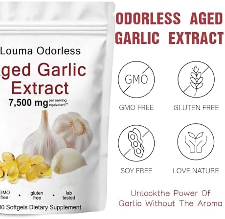 Louma 24-month aged garlic extract 7500 milligram supplement panel and facts label