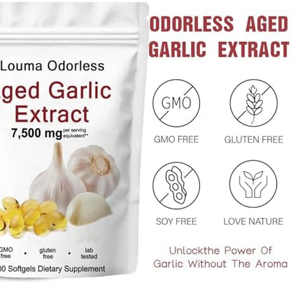 Louma 24-month aged garlic extract 7500 milligram supplement panel and facts label