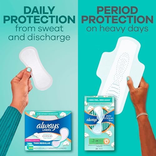 Step by step usage showing the adhesive back of Always cotton liners