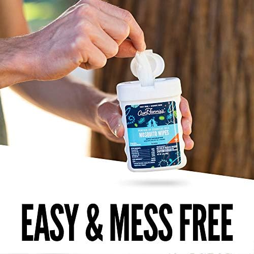 Aunt Fannie's biodegradable mosquito wipes being pulled from the convenient travel size dispenser packaging.