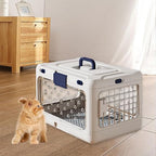 Premium polypropylene plastic pet travel crate being carried by the top handle securely.