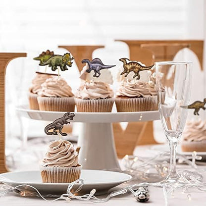 Top down view of 36 piece dinosaur birthday party supplies