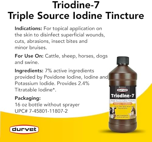 Back of Durvet Triodine-7 16 fluid ounce bottle showing usage instructions