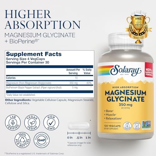 Solaray Magnesium Bisglycinate dietary supplement with BioPerine showing full nutritional facts panel