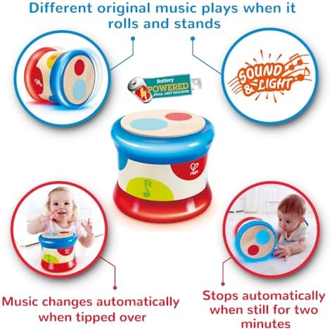 Hape model E0333 baby drum being rolled to activate lights