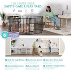 Regalo convertible adjustable safety barrier arranged as an enclosed freestanding octagon play yard for toddlers.