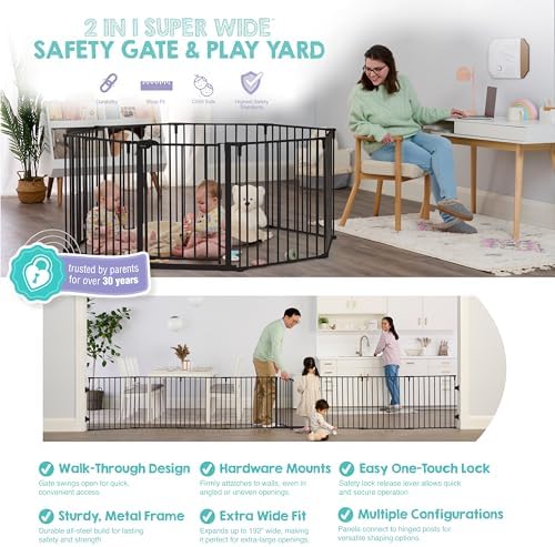 Regalo convertible adjustable safety barrier arranged as an enclosed freestanding octagon play yard for toddlers.