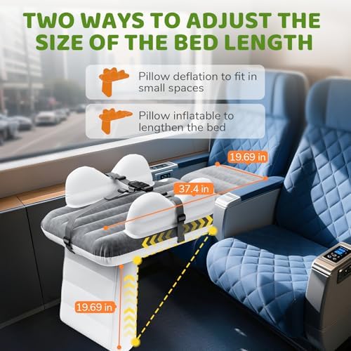 Abdtech toddler airplane bed mattress alongside the included manual hand pump and black safety seat belt attachment.