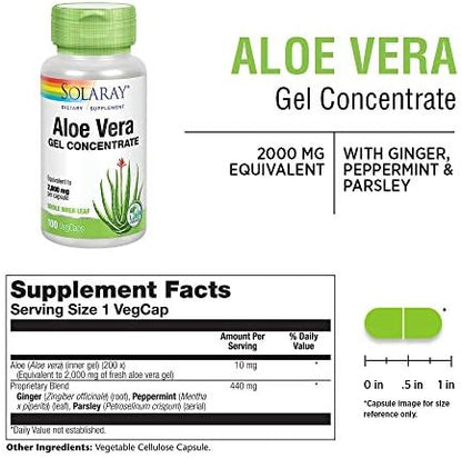 Solaray Aloe Vera 2000 mg equivalent capsules showing the clear herbal blend directions