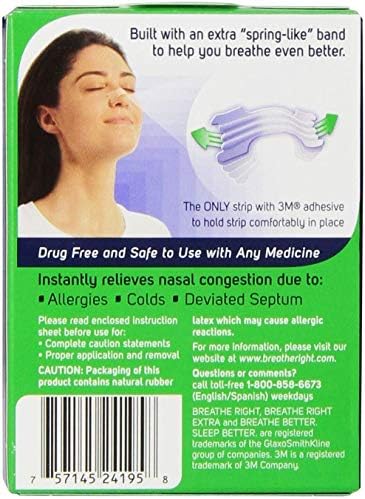 Breathe Right drug-free nasal strips for sensitive skin showing clear flexible bands.