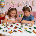Detailed close up view of individual realistic plastic spiders and beetles from the educational toy set.