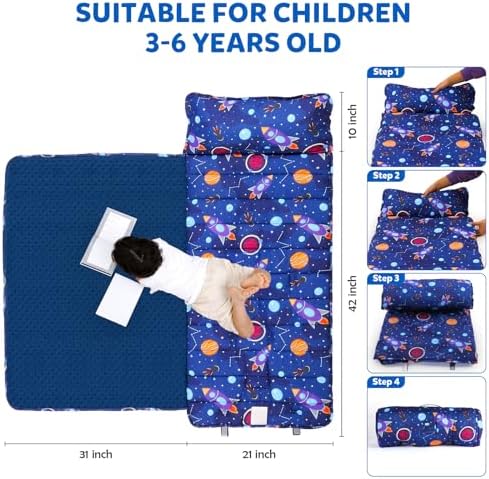 Orrhomi toddler lightweight sleeping bag displaying zipper free safety design