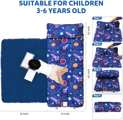 Orrhomi toddler lightweight sleeping bag displaying zipper free safety design