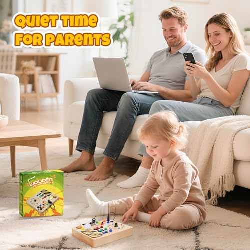 Hoarosall Montessori toddler toy unboxed on a play mat illustrating all thirteen interactive electronic components for fine motor skill practice.
