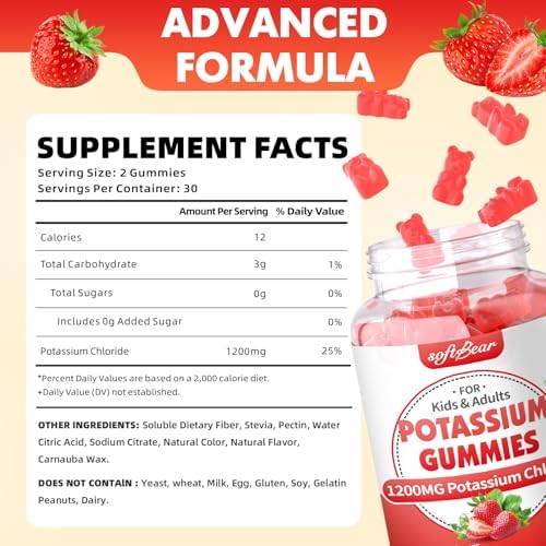 Softbear sugar free strawberry flavor potassium supplement bottle showing product facts