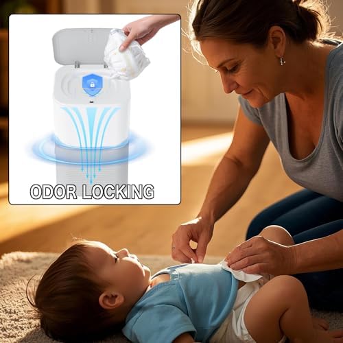 KGAR diaper disposal bin showing the airtight lid mechanism.