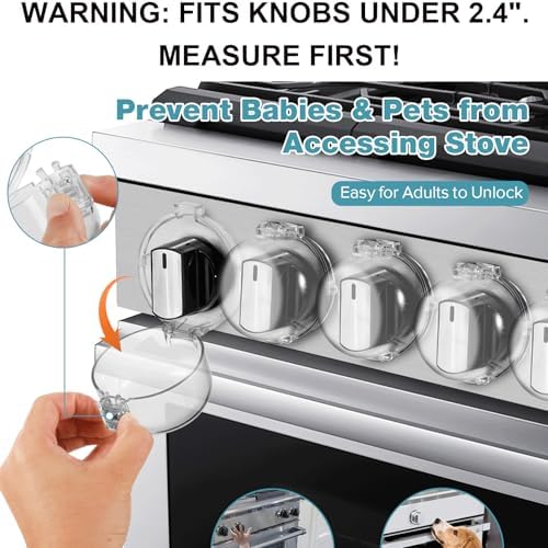 Transparent stove knob protectors on kitchen appliance