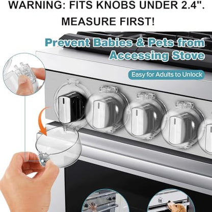 Transparent stove knob protectors on kitchen appliance
