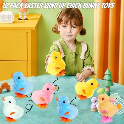 Twelve piece collection of colorful plush animal clockwork toys arranged together for birthday party favors