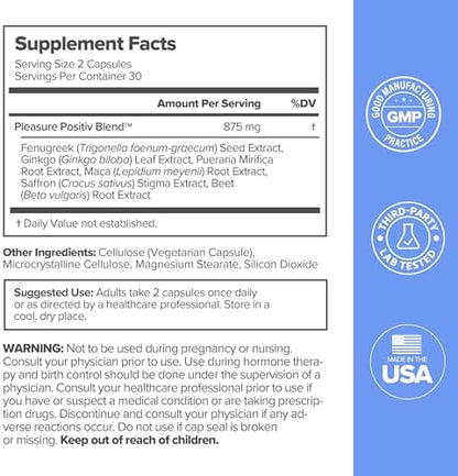 O Positiv MENO supplement facts label showing Pleasure Positiv herbal blend