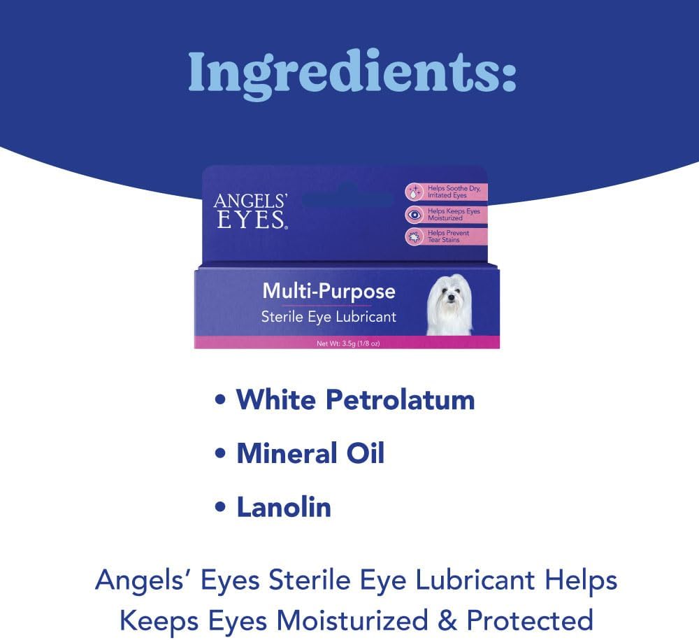 Angels' Eyes pet eye drops side packaging highlighting ingredients like mineral oil.
