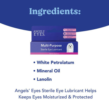 Angels' Eyes pet eye drops side packaging highlighting ingredients like mineral oil.